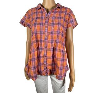 Anthropologie Women's Collared Buttons Front Short Cap Sleeve Plaid Blouse Large